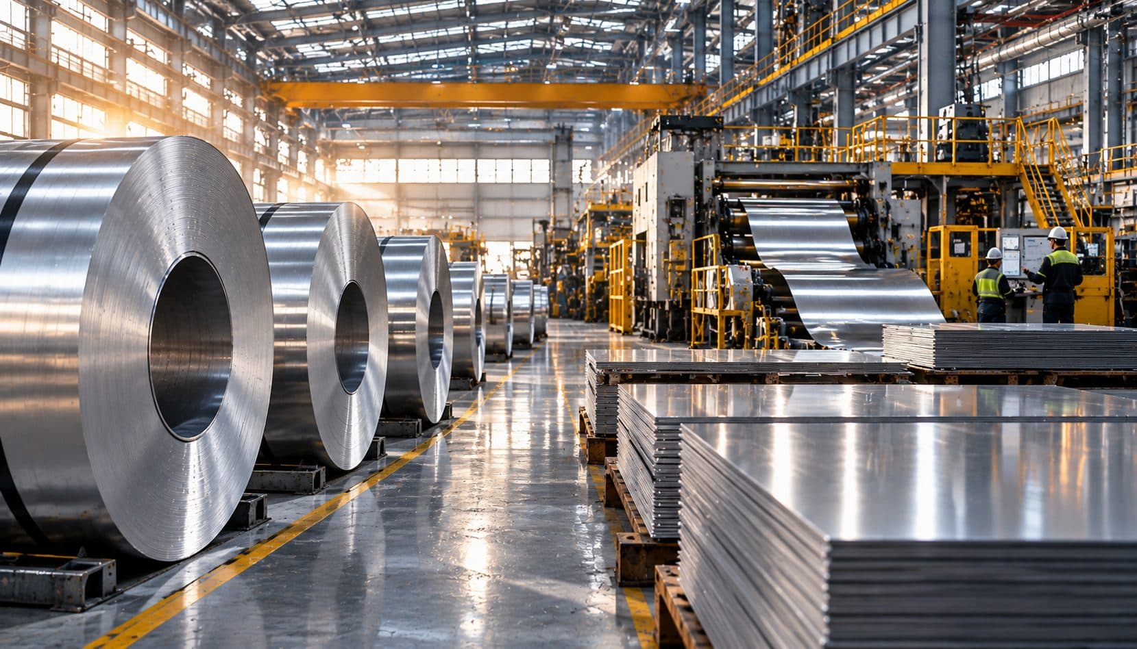 Aluminium sheet stacked on a mill floor