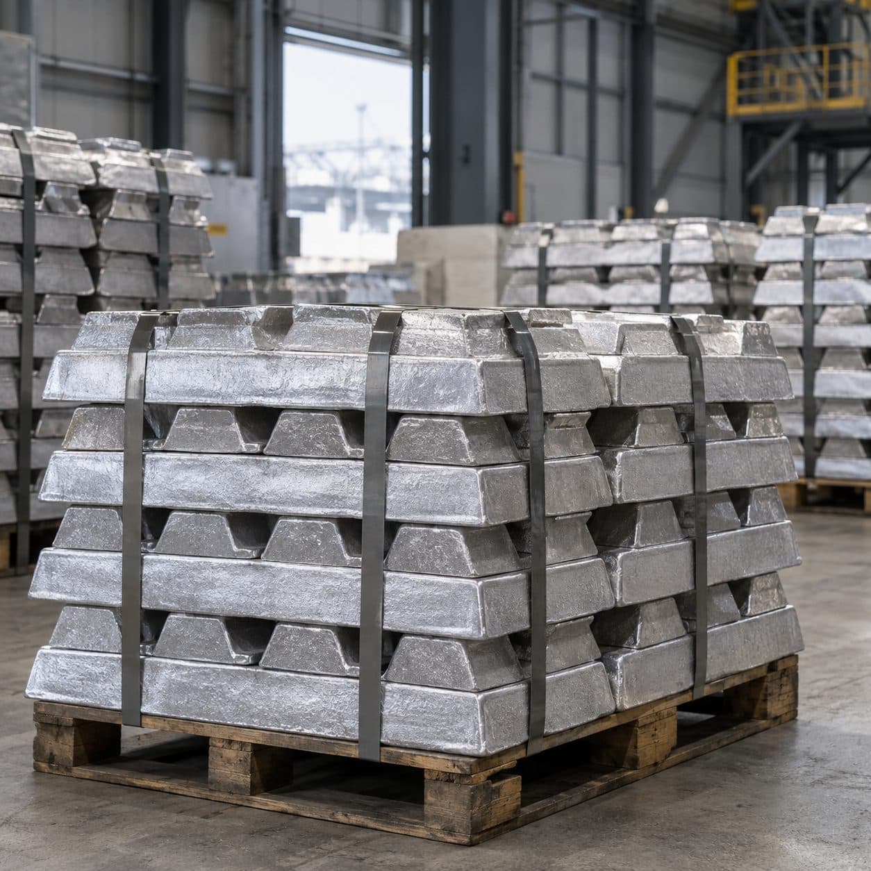 Banded primary aluminium ingots on pallets